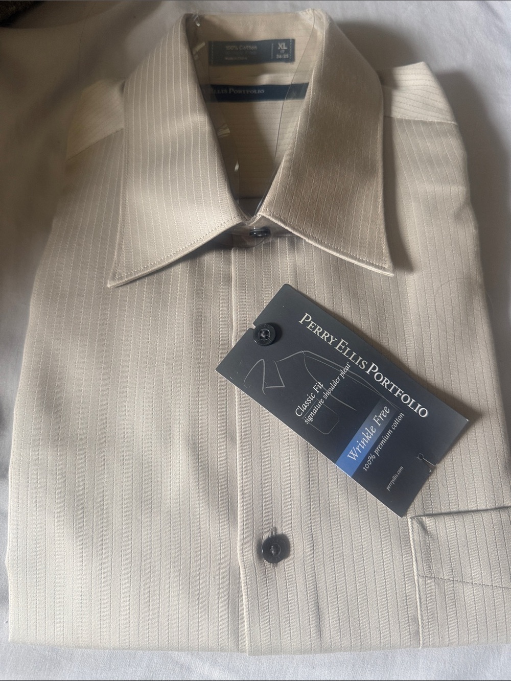Perry Ellis Portfolio Men's Light Beige Pinstripe Dress Shirt
